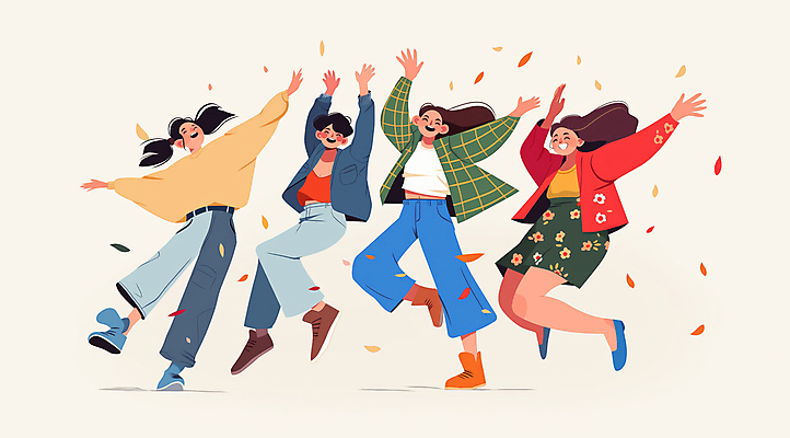 JPG 전신 여자 일러스트 나뭇잎 웃음 여러명 성인 점프 기쁨 만세 즐거움 활기 베이지색 성인여자만 흩날리기 국내일러스트 AI일러스트 AI콘텐츠 감정 컬러 다수 컨셉 잎 모션 표정 사람 여자만 성인만 파일형식