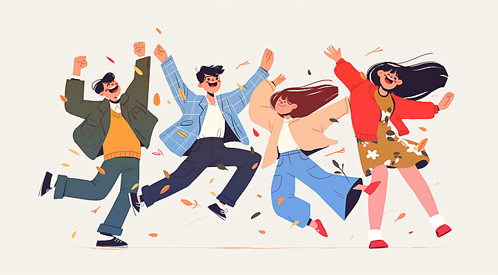 JPG 전신 여자 남자 일러스트 나뭇잎 웃음 여러명 성인 점프 기쁨 만세 즐거움 활기 베이지색 성인만 흩날리기 국내일러스트 AI일러스트 AI콘텐츠 감정 컬러 다수 컨셉 잎 모션 표정 사람 파일형식