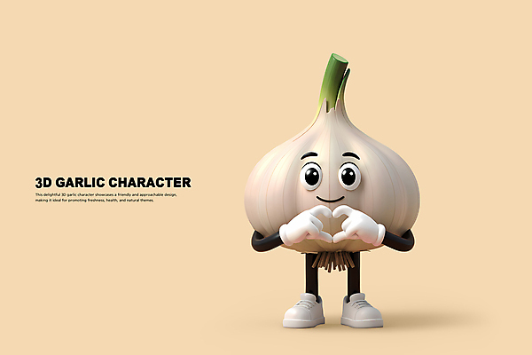 PSD 편집이미지 3D캐릭터 의인화 마늘 사람없음 3D 귀여움 손하트 마늘캐릭터 베이지색 편집3D 캐릭터 컬러 컨셉 채소 손짓 디지털합성 파일형식