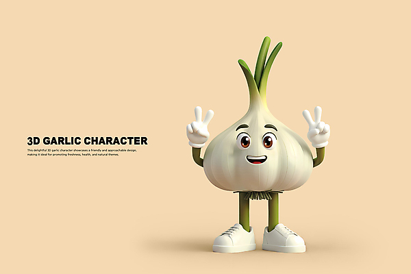 PSD 편집이미지 3D캐릭터 의인화 마늘 사람없음 3D 귀여움 브이 마늘캐릭터 베이지색 편집3D 캐릭터 컬러 컨셉 채소 손짓 디지털합성 파일형식