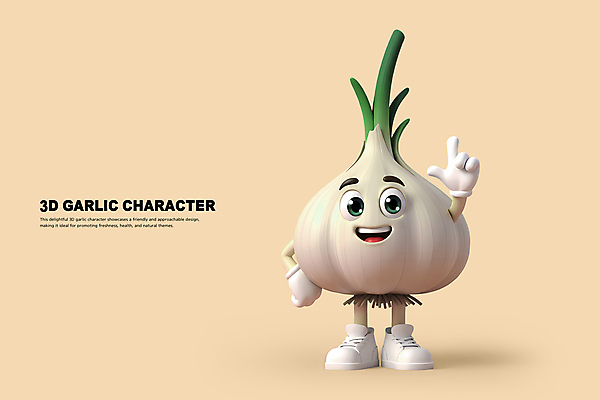PSD 편집이미지 허리손 3D캐릭터 의인화 마늘 사람없음 3D 귀여움 가리킴 마늘캐릭터 베이지색 편집3D 캐릭터 컬러 포즈 컨셉 채소 손짓 디지털합성 파일형식