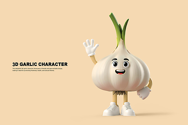 PSD 편집이미지 3D캐릭터 의인화 마늘 사람없음 3D 귀여움 손인사 마늘캐릭터 베이지색 편집3D 캐릭터 컬러 컨셉 채소 인사 디지털합성 파일형식