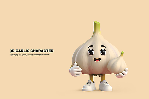 PSD 편집이미지 3D캐릭터 의인화 마늘 들기 사람없음 3D 귀여움 상품 마늘캐릭터 베이지색 편집3D 캐릭터 컬러 컨셉 채소 모션 디지털합성 파일형식