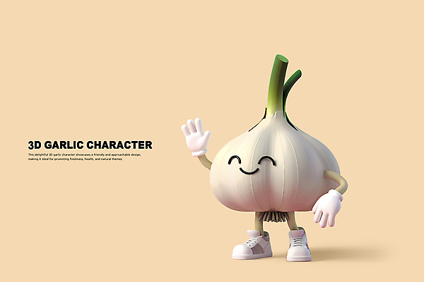 PSD 편집이미지 3D캐릭터 의인화 마늘 미소 사람없음 3D 귀여움 손인사 마늘캐릭터 베이지색 편집3D 캐릭터 컬러 컨셉 채소 표정 인사 디지털합성 파일형식