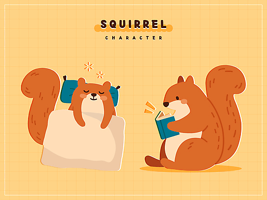 스티커 일러스트 베개 들기 앉기 사람없음 책 눕기 독서 귀여움 주황색 이불 잠 집중 일러캐릭터 다람쥐캐릭터 AI파일 캐릭터 컬러 동물캐릭터 컨셉 침구 모션 다람쥐 파일형식 벡터