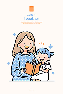 여자 교육 어린이 일러스트 안기 모녀 함께함 미소 앉기 소녀 상반신 성인 두명 책 반짝임 부모 독서 육아 책상 여자만 어깨에손 국내일러스트 AI파일 딸 가구 컨셉 가족 모션 엄마 표정 사람 파일형식 벡터