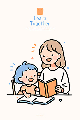 여자 교육 행복 어린이 의자 일러스트 모녀 엄마 함께함 미소 들기 앉기 소녀 상반신 성인 두명 책 독서 육아 책상 여자만 국내일러스트 AI파일 딸 감정 가구 컨셉 가족 모션 표정 사람 파일형식 벡터