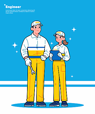 전신 여자 남자 하늘색 일러스트 작업복 들기 성인 두명 반짝임 도구 스패너 엔지니어 전문직 문서 성인만 일러캐릭터 AI파일 직업 캐릭터 옷 모션 사람 파란색 공구 기술자 파일형식 벡터