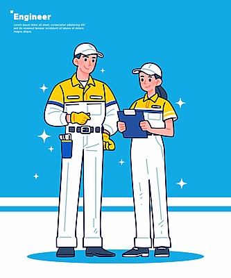 전신 여자 남자 장갑 하늘색 일러스트 작업복 들기 성인 두명 반짝임 엔지니어 전문직 문서 성인만 일러캐릭터 AI파일 직업 캐릭터 잡화 옷 모션 사람 파란색 기술자 파일형식 벡터