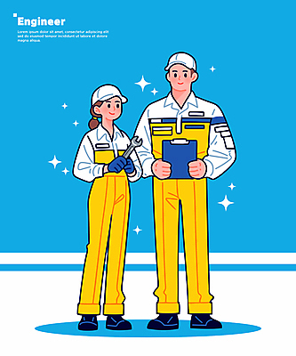 전신 여자 남자 하늘색 일러스트 작업복 들기 성인 두명 반짝임 도구 스패너 엔지니어 전문직 성인만 일러캐릭터 AI파일 직업 캐릭터 옷 모션 사람 파란색 공구 기술자 파일형식 벡터