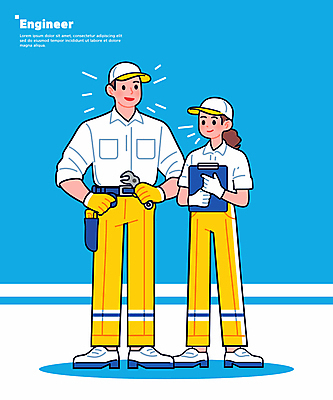 전신 여자 남자 하늘색 일러스트 작업복 들기 성인 두명 도구 스패너 엔지니어 전문직 성인만 일러캐릭터 AI파일 직업 캐릭터 옷 모션 사람 파란색 공구 기술자 파일형식 벡터