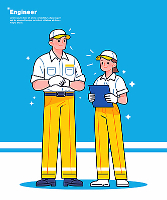 전신 여자 남자 하늘색 일러스트 작업복 들기 성인 두명 반짝임 엔지니어 전문직 문서 성인만 일러캐릭터 AI파일 직업 캐릭터 옷 모션 사람 파란색 기술자 파일형식 벡터