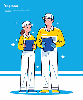 전신 여자 남자 하늘색 일러스트 작업복 들기 성인 두명 반짝임 엔지니어 전문직 문서 성인만 일러캐릭터 AI파일 직업 캐릭터 옷 모션 사람 파란색 기술자 파일형식 벡터