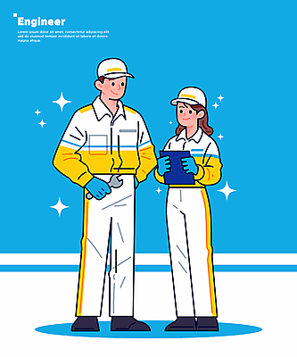 전신 여자 남자 허리손 하늘색 일러스트 작업복 들기 성인 두명 반짝임 스패너 엔지니어 전문직 문서 성인만 일러캐릭터 AI파일 직업 캐릭터 옷 포즈 모션 사람 파란색 공구 기술자 파일형식 벡터