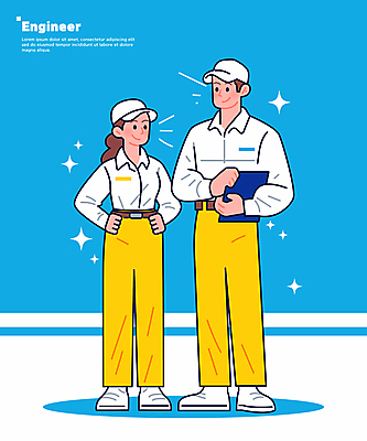 전신 여자 남자 허리손 하늘색 일러스트 작업복 들기 성인 두명 반짝임 잡기 엔지니어 전문직 문서 성인만 일러캐릭터 AI파일 직업 캐릭터 옷 포즈 모션 사람 파란색 기술자 파일형식 벡터