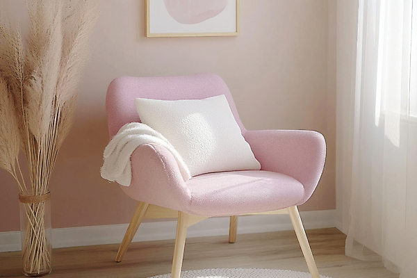 JPG 편집이미지 화분 화초 분홍색 액자 쿠션 실내 따뜻함 사람없음 인테리어 소파 커튼 담요 감성 편집실사 AI포토 AI콘텐츠 식물 디자인 컬러 컨셉 의자 내부 CG 파일형식