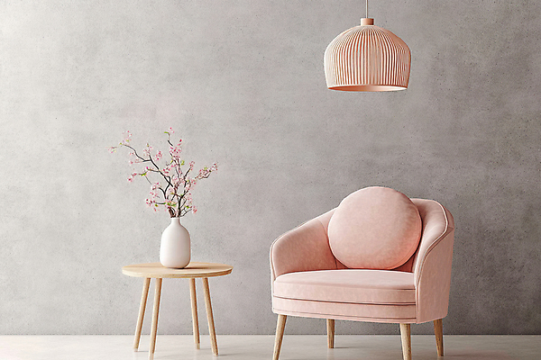 JPG 편집이미지 꽃 화분 분홍색 조명 실내 따뜻함 사람없음 인테리어 소파 감성 나무탁자 편집실사 AI포토 AI콘텐츠 식물 디자인 컬러 컨셉 의자 탁자 내부 CG 파일형식