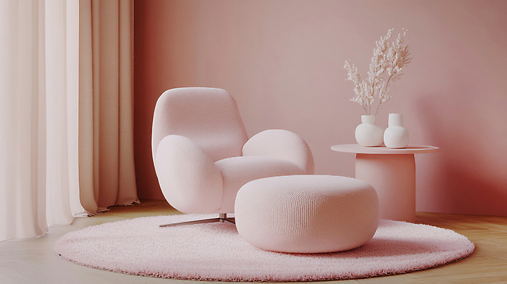 JPG 편집이미지 화분 화초 분홍색 탁자 실내 따뜻함 사람없음 인테리어 소파 매트 커튼 감성 스툴 편집실사 AI포토 AI콘텐츠 식물 디자인 컬러 가구 컨셉 의자 내부 CG 파일형식