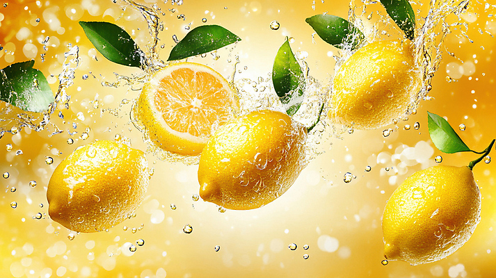 JPG 편집이미지 잎 단면 사람없음 물 노란색 물방울 신선 레몬 비타민C 스플래쉬 편집실사 AI컴퓨터그래픽 AI콘텐츠 자연요소 식물 컬러 과일 CG 비타민 파일형식