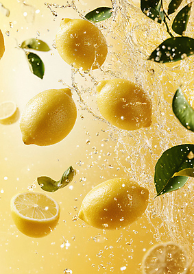 JPG 편집이미지 잎 단면 사람없음 물 노란색 물방울 신선 레몬 비타민C 스플래쉬 편집실사 AI컴퓨터그래픽 AI콘텐츠 자연요소 식물 컬러 과일 CG 비타민 파일형식