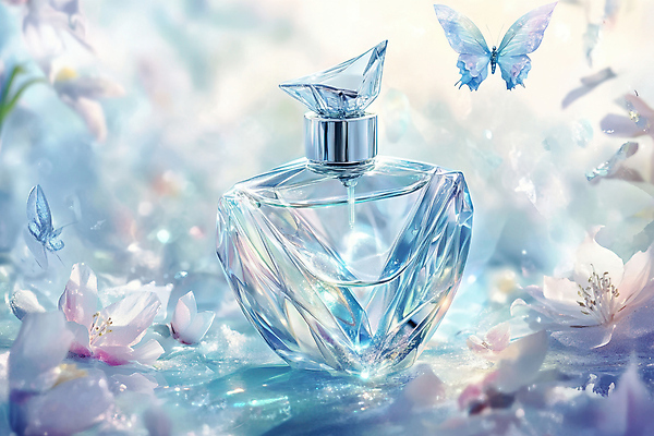 JPG 편집이미지 꽃 하늘색 나비 사람없음 뷰티 화장품 투명 액체 신비 향 향수병 편집실사 AI컴퓨터그래픽 AI콘텐츠 식물 곤충 컨셉 파란색 향수 CG 병_담는 파일형식