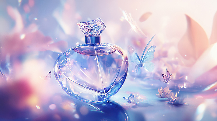 JPG 편집이미지 꽃 나비 잎 사람없음 뷰티 보라색 화장품 투명 액체 신비 향 향수병 편집실사 AI컴퓨터그래픽 AI콘텐츠 식물 컬러 곤충 컨셉 향수 CG 병_담는 파일형식