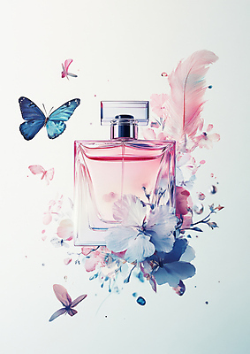 JPG 편집이미지 꽃 나비 사람없음 뷰티 화장품 투명 액체 신비 깃털 향 향수병 편집실사 AI컴퓨터그래픽 AI콘텐츠 식물 곤충 컨셉 향수 CG 병_담는 파일형식