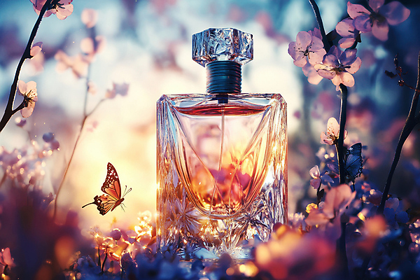 JPG 편집이미지 꽃 나비 사람없음 빛 뷰티 노을 화장품 나뭇가지 투명 액체 신비 향 향수병 편집실사 AI컴퓨터그래픽 AI콘텐츠 자연요소 나무 식물 곤충 컨셉 향수 CG 병_담는 파일형식