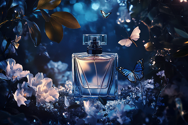 JPG 편집이미지 꽃 나비 잎 사람없음 파란색 뷰티 보라색 화장품 투명 액체 신비 향 향수병 편집실사 AI컴퓨터그래픽 AI콘텐츠 식물 컬러 곤충 컨셉 향수 CG 병_담는 파일형식