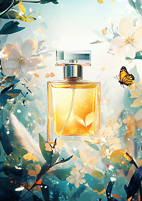 JPG 편집이미지 꽃 나비 잎 사람없음 빛 뷰티 화장품 투명 액체 신비 향 향수병 편집실사 AI컴퓨터그래픽 AI콘텐츠 식물 곤충 컨셉 향수 CG 병_담는 파일형식