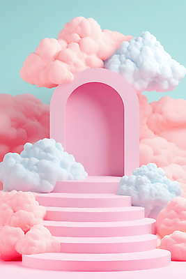 JPG 구름 편집이미지 분홍색 사람없음 계단 구조물 이미지 단상 포디움 편집3D AI컴퓨터그래픽 AI콘텐츠 자연요소 건축 컬러 3D 무대 파일형식