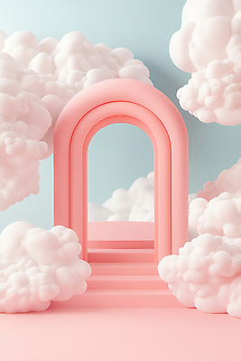 JPG 구름 편집이미지 분홍색 사람없음 계단 구조물 이미지 단상 포디움 편집3D AI컴퓨터그래픽 AI콘텐츠 자연요소 건축 컬러 3D 무대 파일형식