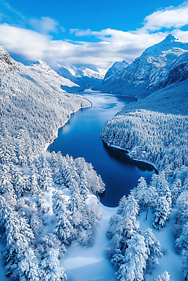 JPG 나무 구름 편집이미지 설경 겨울 자연 하늘 풍경 사람없음 파란색 강 숲 이미지 설산 편집실사 AI포토 AI콘텐츠 자연요소 식물 계절 컬러 산 CG 생태계 파일형식