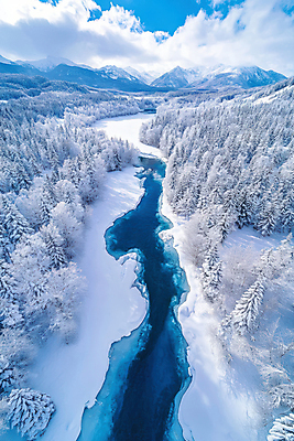 JPG 나무 구름 편집이미지 설경 겨울 자연 하늘 풍경 사람없음 파란색 강 숲 이미지 설산 편집실사 AI포토 AI콘텐츠 자연요소 식물 계절 컬러 산 CG 생태계 파일형식