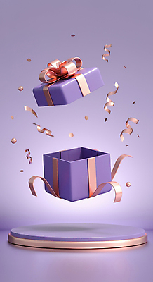 JPG 편집이미지 리본 사람없음 선물상자 보라색 행운 디지털합성 꽃가루 단상 당첨 랜덤박스 편집3D AI컴퓨터그래픽 AI콘텐츠 컬러 컨셉 선물 상자 3D 가루 파일형식