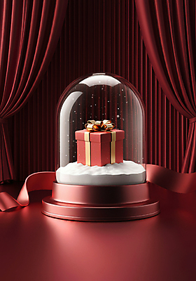 JPG 편집이미지 리본 사람없음 빨간색 선물상자 커튼 눈송이 행운 디지털합성 스노글로브 당첨 랜덤박스 편집3D AI컴퓨터그래픽 AI콘텐츠 컬러 컨셉 눈_날씨 선물 장식 상자 3D 파일형식