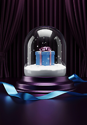 JPG 편집이미지 리본 사람없음 선물상자 커튼 눈송이 행운 디지털합성 스노글로브 당첨 랜덤박스 편집3D AI컴퓨터그래픽 AI콘텐츠 컨셉 눈_날씨 선물 장식 상자 3D 파일형식