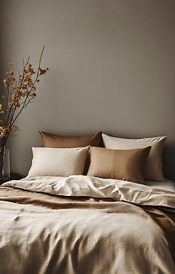 JPG 편집이미지 베개 사람없음 공간 침실 이불 나뭇가지 침대 디지털합성 드라이플라워 편집실사 2025트렌드 모카무스 AI포토 AI콘텐츠 나무 꽃 가구 침구 유행 CG 파일형식 2025년 트렌드컬러