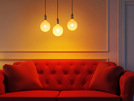 JPG 편집이미지 전구 베개 조명 사람없음 빨간색 빛 인테리어 노란색 디지털합성 편집실사 AI포토 AI콘텐츠 디자인 컬러 침구 CG 파일형식