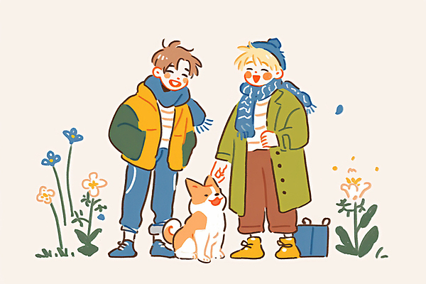 JPG 전신 남자 꽃 행복 반려견 어린이 겨울 일러스트 털모자 미소 소년 두명 목도리 산책 강아지 주머니손 소년만 국내일러스트 AI일러스트 AI콘텐츠 식물 모자_잡화 잡화 계절 감정 모션 휴식 표정 사람 반려동물 개 남자만 어린이만 파일형식