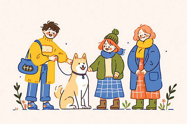 JPG 전신 여자 남자 행복 반려견 겨울 가방 일러스트 털모자 미소 성인 세명 목도리 산책 강아지 스웨터 목줄 성인만 쓰다듬기 국내일러스트 AI일러스트 AI콘텐츠 모자_잡화 잡화 계절 감정 상의 모션 휴식 표정 사람 반려동물 개 파일형식 반려용품