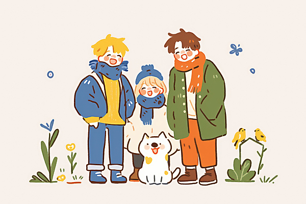 JPG 전신 여자 남자 꽃 행복 반려견 어린이 겨울 일러스트 조류 털모자 미소 세명 목도리 산책 강아지 주머니손 어린이만 국내일러스트 AI일러스트 AI콘텐츠 식물 동물 모자_잡화 잡화 계절 감정 모션 휴식 표정 사람 반려동물 개 파일형식