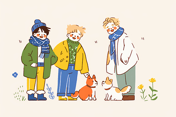 JPG 전신 남자 꽃 행복 반려견 어린이 겨울 일러스트 털모자 미소 소년 세명 목도리 산책 강아지 소년만 국내일러스트 AI일러스트 AI콘텐츠 식물 모자_잡화 잡화 계절 감정 휴식 표정 사람 반려동물 개 남자만 어린이만 파일형식