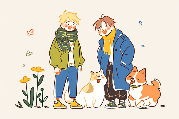 JPG 전신 남자 꽃 행복 반려견 어린이 겨울 일러스트 미소 소년 두명 산책 강아지 주머니손 소년만 국내일러스트 AI일러스트 AI콘텐츠 식물 계절 감정 모션 휴식 표정 사람 반려동물 개 남자만 어린이만 파일형식