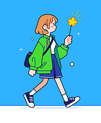 전신 여자 꽃 가방 일러스트 청소년 한명 미소 들기 캐주얼 초록색 파란색 걷기 십대여자한명만 일러캐릭터 AI파일 식물 캐릭터 1 잡화 옷 컬러 모션 표정 사람 여자한명만 십대여자만 파일형식 벡터