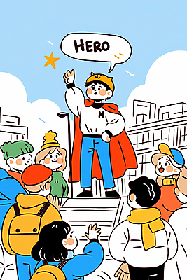 JPG 구름 모자 여자 남자 별 허리손 말풍선 가로등 가방 일러스트 하늘 여러명 성인 건물 손들기 목도리 도심 군중 망토 영웅 단상 손뻗기 명예 슈퍼히어로 성인만 국내일러스트 AI일러스트 AI콘텐츠 자연요소 건축물 잡화 공공시설 포즈 다수 모션 사람 도시 파일형식