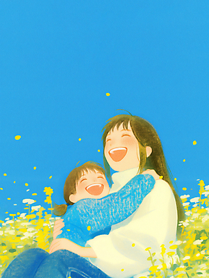 JPG 여자 행복 어린이 꽃밭 일러스트 포옹 하늘 모녀 사랑 웃음 소녀 성인 두명 파란색 여자만 국내일러스트 AI일러스트 AI콘텐츠 꽃 딸 감정 컬러 가족 안기 엄마 표정 사람 파일형식