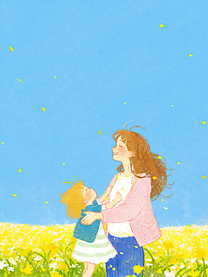 JPG 여자 행복 어린이 꽃밭 일러스트 포옹 하늘 모녀 사랑 웃음 소녀 성인 두명 파란색 여자만 국내일러스트 AI일러스트 AI콘텐츠 꽃 딸 감정 컬러 가족 안기 엄마 표정 사람 파일형식