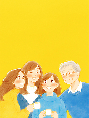 JPG 여자 노년 남자 행복 일러스트 가족 사랑 웃음 들기 여러명 상반신 성인 컵 노란색 안경낌 국내일러스트 AI일러스트 AI콘텐츠 식기 감정 안경 컬러 다수 관계 모션 표정 사람 파일형식