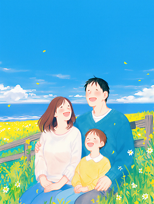 JPG 구름 여자 남자 꽃 행복 어린이 바다 일러스트 가족 안기 하늘 사랑 웃음 앉기 소년 성인 세명 파란색 울타리 국내일러스트 AI일러스트 AI콘텐츠 자연요소 식물 감정 컬러 관계 모션 표정 사람 담장 파일형식